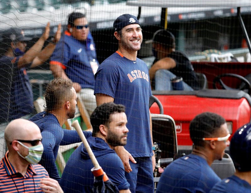Justin Verlander #35 of the Houston Astros watches batting practice during Summer Workouts at Minute Maid Park on July 08, 2020 in Houston, Texas.