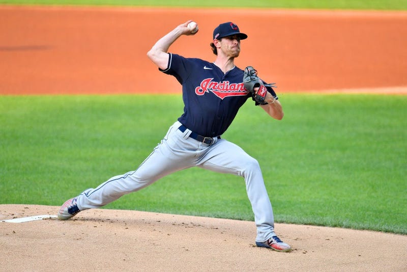 CLEVELAND, OHIO - JULY 09: Starter Shane Bieber #57 of the Cleveland Indians pitches during the first inning of an intrasquad game during summer workouts at Progressive Field on July 09, 2020 in Cleveland, Ohio. (Photo by Jason Miller/Getty Images)