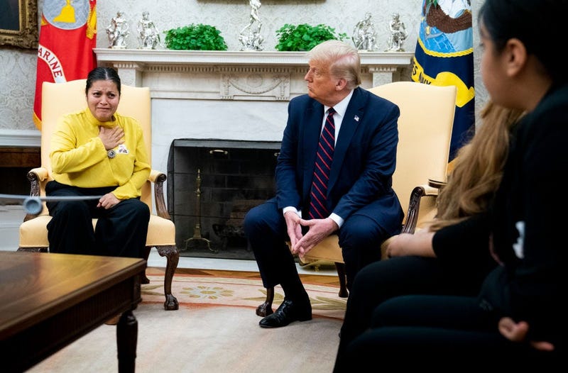 President Donald Trump meets with Gloria Guillen, mother of missing Fort Hood soldier Vanessa Guillen, in the Oval Office of the White House July 30, 2020 in Washington, DC.
