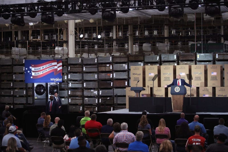  U.S. President Donald Trump speaks to workers at a Whirlpool manufacturing facility on August 06, 2020 in Clyde, Ohio. Whirlpool is the last remaining major appliance company headquartered in the United States. 