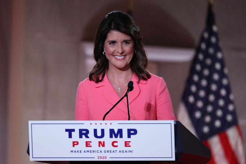 Former U.S. Ambassador to the United Nations Nikki Haley stands on stage in an empty Mellon Auditorium while addressing the Republican National Convention at the Mellon Auditorium on August 24, 2020 in Washington, DC.
