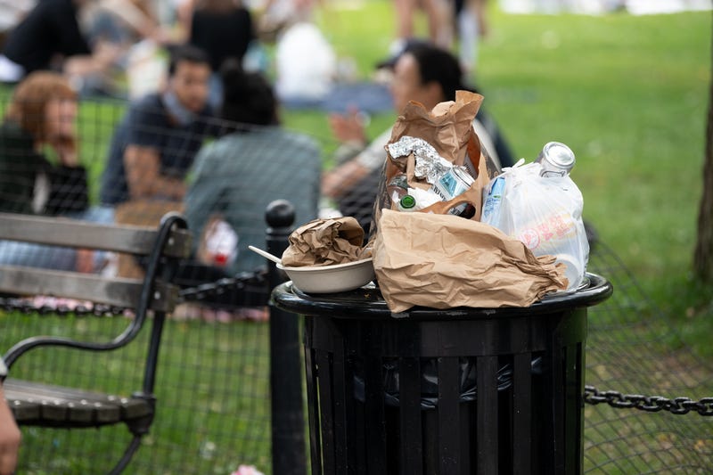 Trash overflows in Washington Square Park as the city continues Phase 4 of re-opening following restrictions imposed to slow the spread of coronavirus on September 12, 2020 in New York City. 