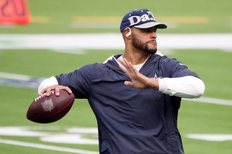 Dak Prescott #4 of the Dallas Cowboys warms up before the game against the Los Angeles Rams at SoFi Stadium on September 13, 2020 in Inglewood, California. 