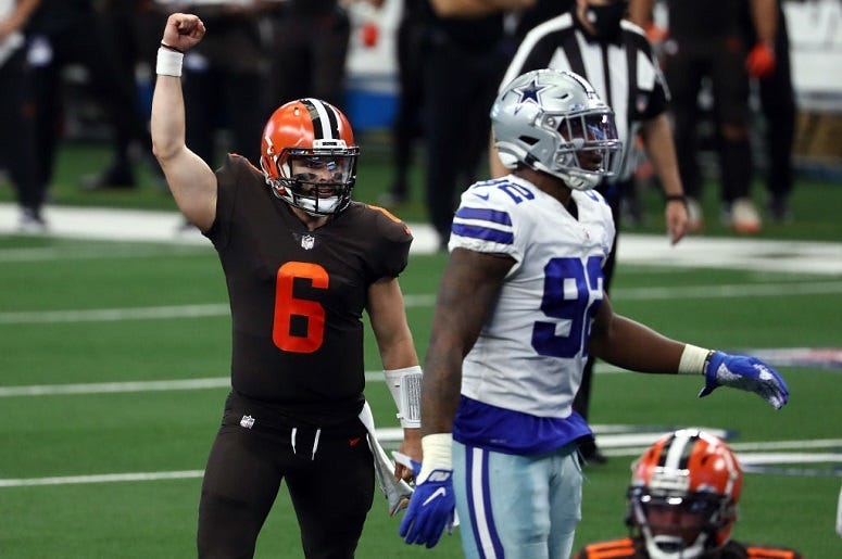 Baker Mayfield #6 of the Cleveland Browns celebrates a touchdown against the Dallas Cowboys