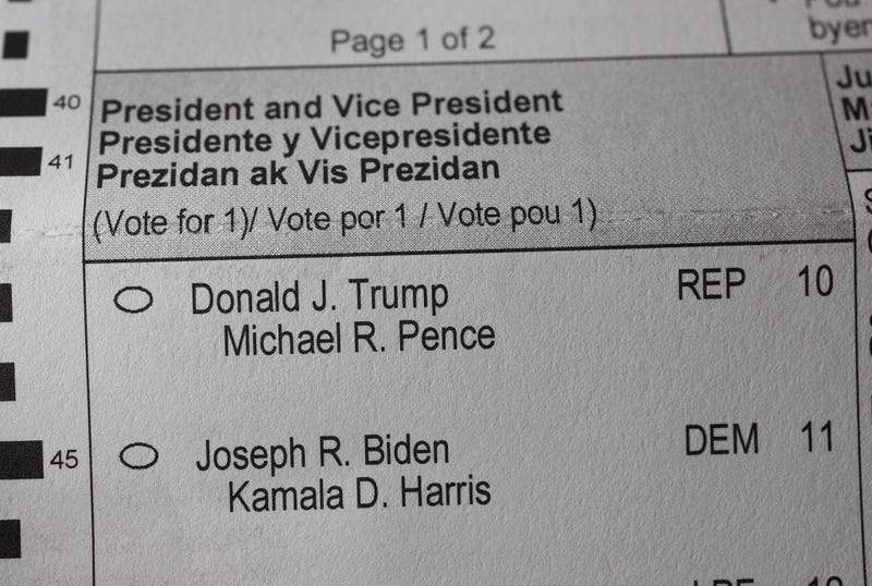 MIAMI, FLORIDA - OCTOBER 08: In this photo illustration, an official Miami-Dade County Elections Department vote-by-mail 2020 presidential election ballot is seen featuring the Republican and Democratic candidates on October 08, 2020 in Miami, Florida.