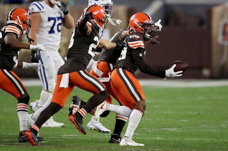 Sheldrick Redwine #29 of the Cleveland Browns celebrates after making an interception in the fourth quarter against the Indianapolis Colts