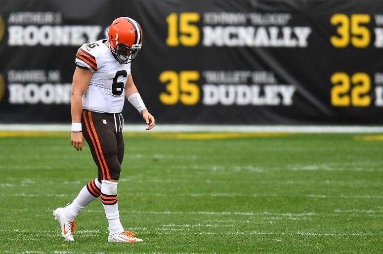 Baker Mayfield #6 of the Cleveland Browns walks off the field after failing to convert on third down against the Pittsburgh Steelers