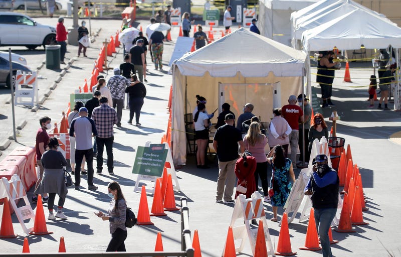 People wait in line for COVID-19 testing at Lincoln Park on the Monday after Thanksgiving weekend on November 30, 2020 in Los Angeles, California.