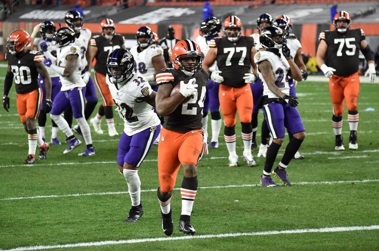 Nick Chubb #24 of the Cleveland Browns scores a touchdown during the second quarter in the game against the Baltimore Ravens
