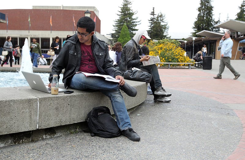 A UC Berkeley student works on his laptop while sitting in Sproul Plaza on the UC Berkeley campus April 23, 2012 in Berkeley, California.