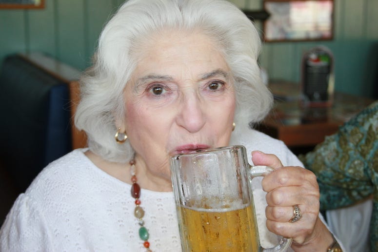 Old Woman, Beer, Mug, Drink