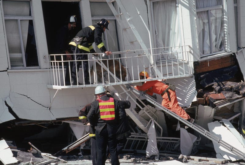 General view of rescue attempts in the Marina District disaster zone after the earthquake, measuring 7.1 on the richter scale, rocks game three of the World Series between the Oakland A's and San Francisco Giants at Candlestick Park on October 17, 1989.