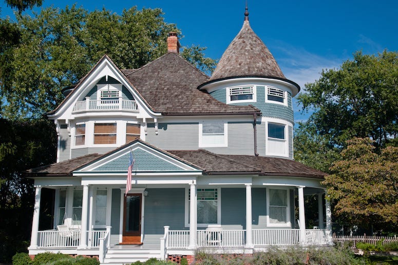 Victorian Home, House, Porch, American Flag, Garden