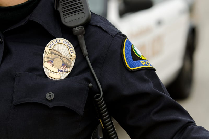 A close up of an officers uniform and badge with a patrol car in the background