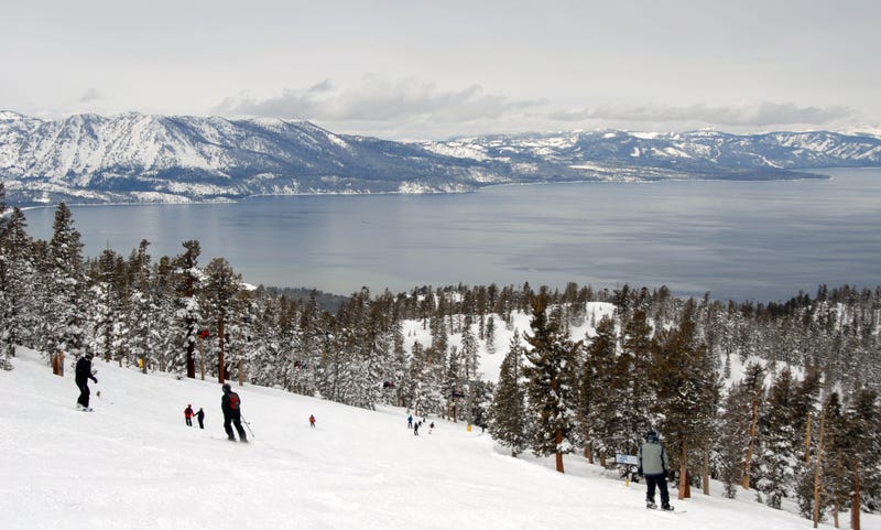Skiers and snowboarders near Lake Tahoe. 