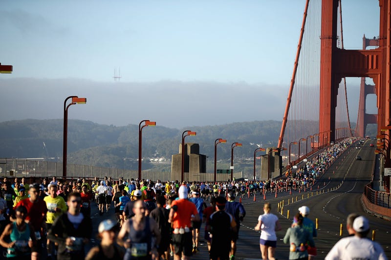 Runners cross the Golden Gate Bridge during the 2013 San Francisco Marathon and Half-Marathon on June 16, 2013 in San Francisco, California.