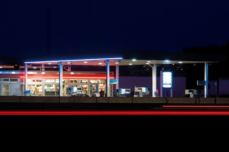 Gas Station, Pumps, Night, Neon Lights, Service Station