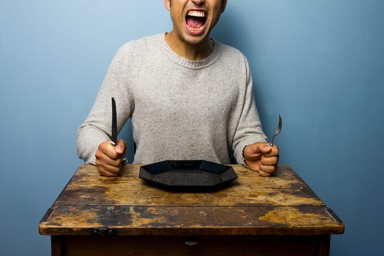Young Man , Hungry, Screaming, Empty Plate, Hangry
