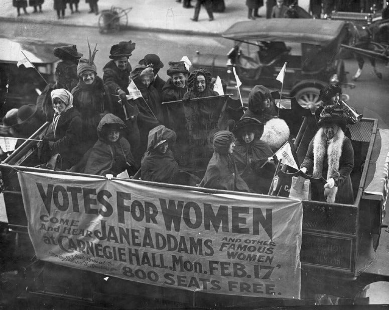 9th February 1913: A banner advertising a talk on the Women's Suffrage Movement by Jane Addams and others at Carnegie Hall in New York. 