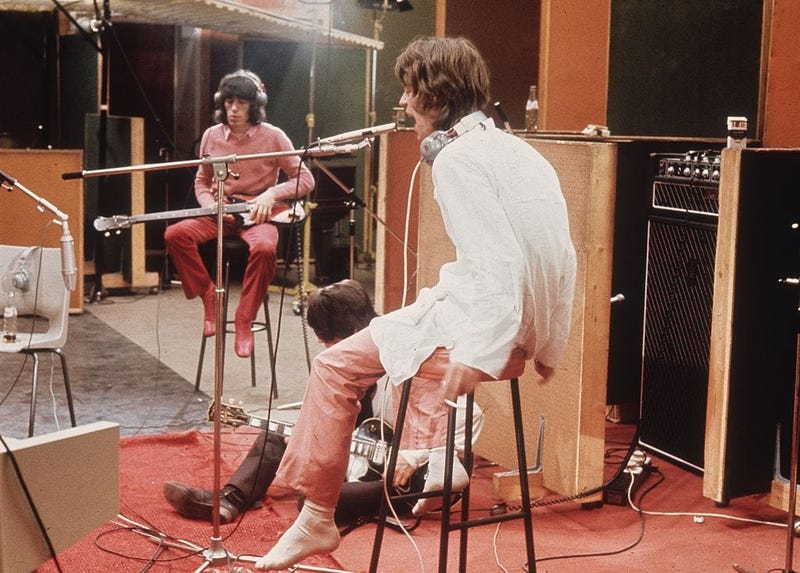 Bill Wyman, Keith Richards and Mick Jagger of the Rolling Stones recording their hit 'Sympathy For The Devil'.