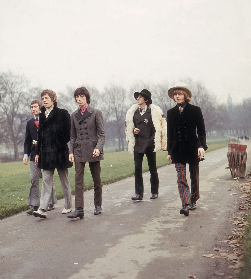 The Rolling Stones take a stroll in a London park. Left to right: Charlie Watts, Mick Jagger, Bill Wyman, Keith Richards and Brian Jones.