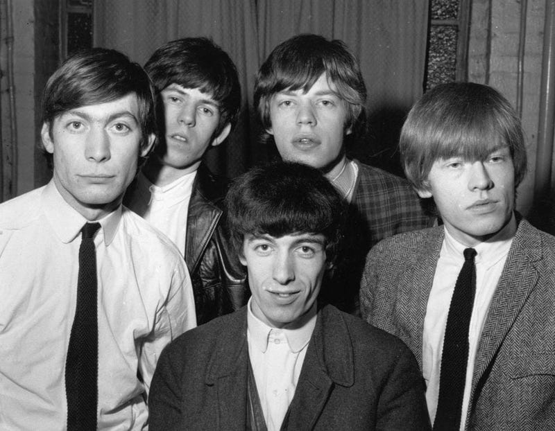 British rhythm and blues group The Rolling Stones, from left to right; Charlie Watts, Keith Richards, Bill Wyman (front), Mick Jagger and Brian Jones (1942 - 1969). 