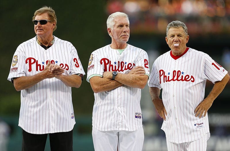 Former Philadelphia Phillies greats, (L-R) Steve Carlton, Mike Schmidt and Larry Bowa were among many on hand to honor former manager Charlie Manuel.