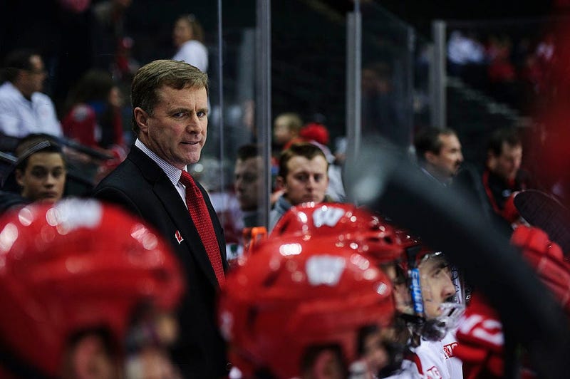 ST PAUL, MN - MARCH 21: Mike Eaves of the Wisconsin Badgers looks on during the semifinal game of the Big Ten Men's Ice Hockey Championship against the Penn State Nittany Lions on March 21, 2014 at Xcel Energy Center in St Paul, Minnesota. (Photo by Hanna