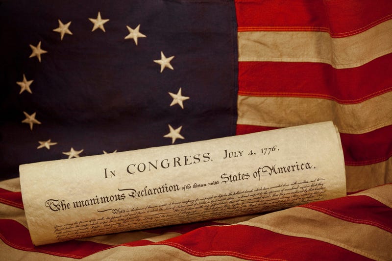 USA Declaration of Independence Lying on Betsy Ross Flag - stock photo