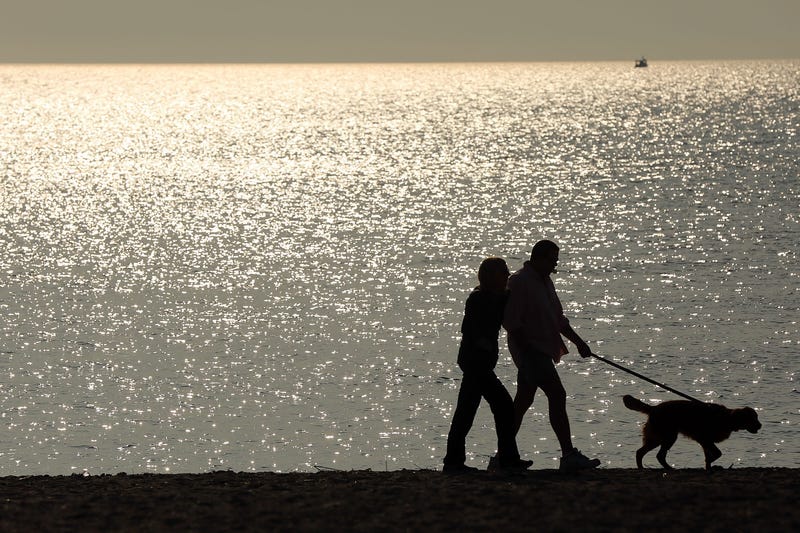 A couple walks a dog along a beach on December 13, 2015 in Fairfield, Connecticut. 