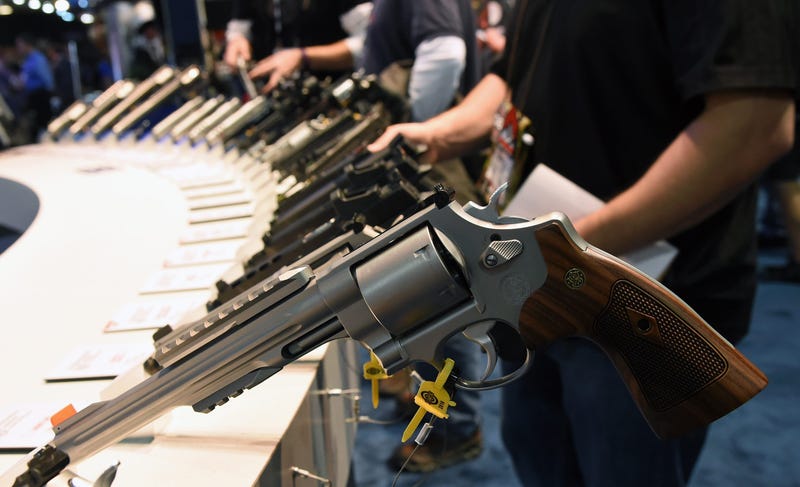 Handguns, including the model 629 .44 Magnum S&W Special (front) are displayed at the Smith & Wesson booth at the 2016 National Shooting Sports Foundation's Shooting, Hunting, Outdoor Trade (SHOT) Show at the Sands Expo and Convention Center on January 19