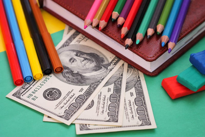 Photograph of school supplies and hundred dollar bills