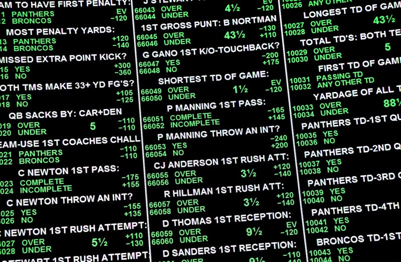 Some of the nearly 400 proposition bets for Super Bowl 50 between the Carolina Panthers and the Denver Broncos are displayed at the Race & Sports SuperBook at the Westgate Las Vegas Resort & Casino on February 2, 2016 in Las Vegas, Nevada.