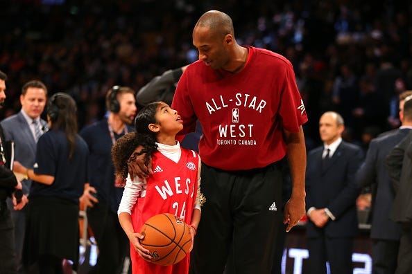 FEBRUARY 14: Kobe Bryant #24 of the Los Angeles Lakers and the Western Conference warms up with daughter Gianna Bryant during the NBA All-Star Game 2016 at the Air Canada Centre on February 14, 2016 in Toronto, Ontario. NOTE TO USER: User expressly acknow