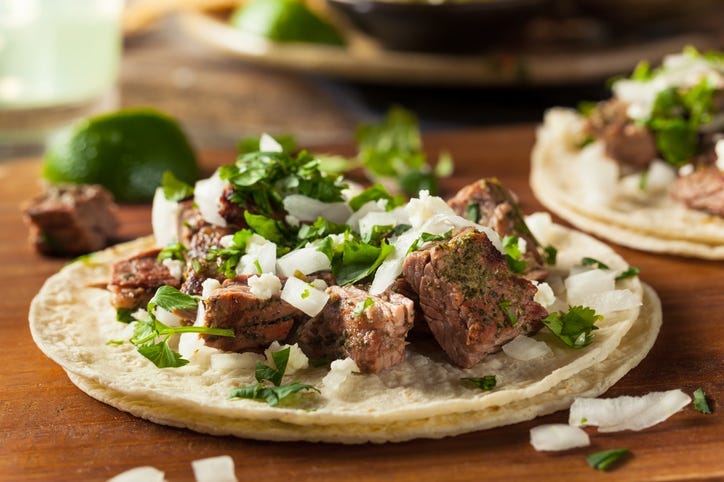 Homemade Carne Asada Street Tacos with Cheese Cilantro and Onion