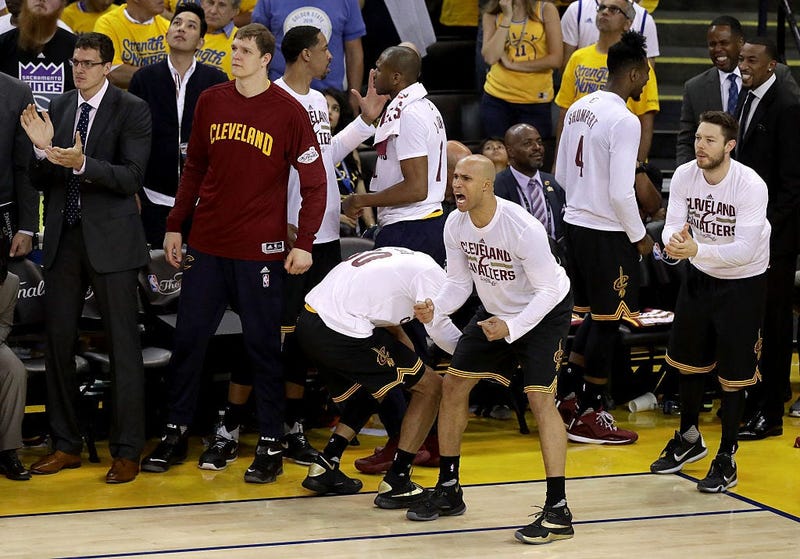 OAKLAND, CA - JUNE 19: Richard Jefferson #24 of the Cleveland Cavaliers and the bench react to a play against the Golden State Warriors in Game 7 of the 2016 NBA Finals at ORACLE Arena on June 19, 2016 in Oakland, California. NOTE TO USER: User expressly