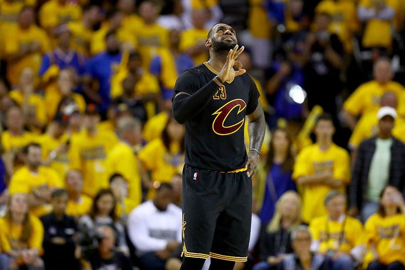 OAKLAND, CA - JUNE 19: LeBron James #23 of the Cleveland Cavaliers reacts to a play against the Golden State Warriors in Game 7 of the 2016 NBA Finals at ORACLE Arena on June 19, 2016 in Oakland, California. NOTE TO USER: User expressly acknowledges and a