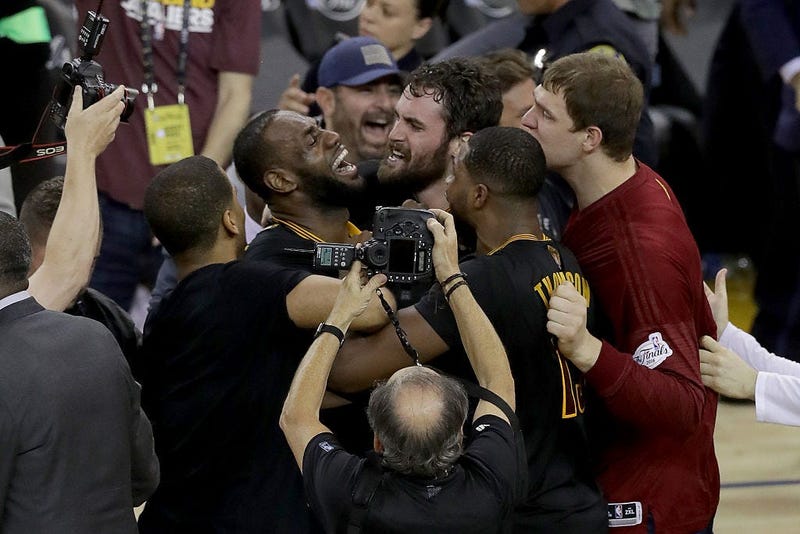 OAKLAND, CA - JUNE 19: LeBron James #23 and Kevin Love #0 and the Cleveland Cavaliers celebrate after defeating the Golden State Warriors 93-89 in Game 7 of the 2016 NBA Finals at ORACLE Arena on June 19, 2016 in Oakland, California. NOTE TO USER: User ex