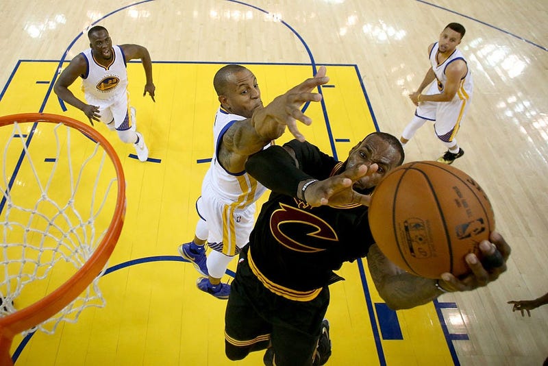 OAKLAND, CA - JUNE 19: Andre Iguodala #9 of the Golden State Warriors defends LeBron James #23 of the Cleveland Cavaliers in Game 7 of the 2016 NBA Finals at ORACLE Arena on June 19, 2016 in Oakland, California. NOTE TO USER: User expressly acknowledges a