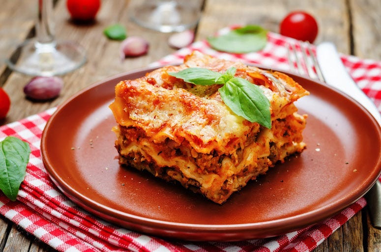 Lasagna, Pasta, Red Plate, Wooden Table