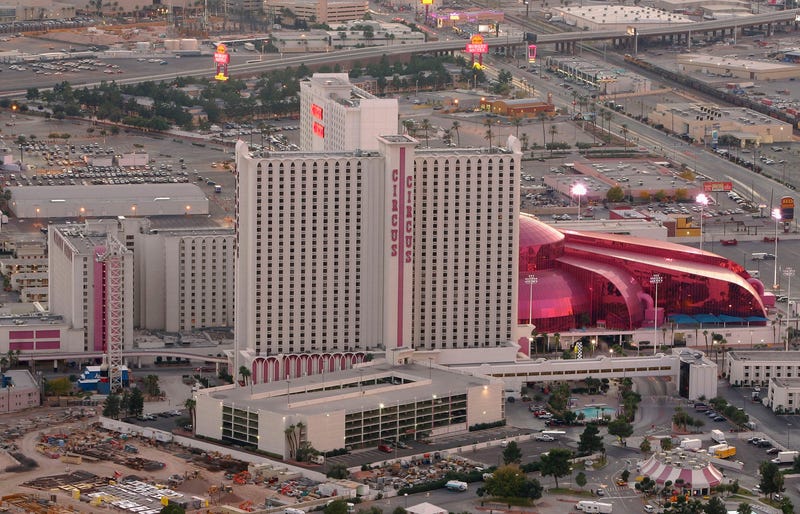 The Circus Circus hotel-casino is seen from the observation deck of the Stratosphere Casino Hotel November 29, 2005 in Las Vegas, Nevada.