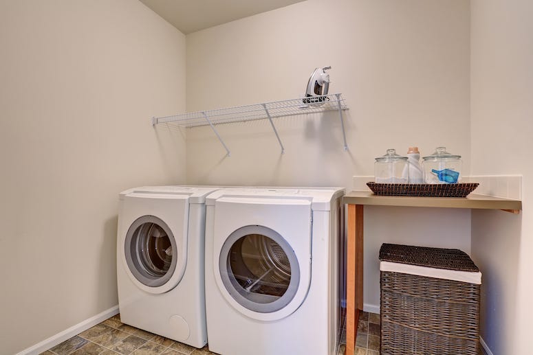 Laundry Room, White Appliances, Wicker Basket