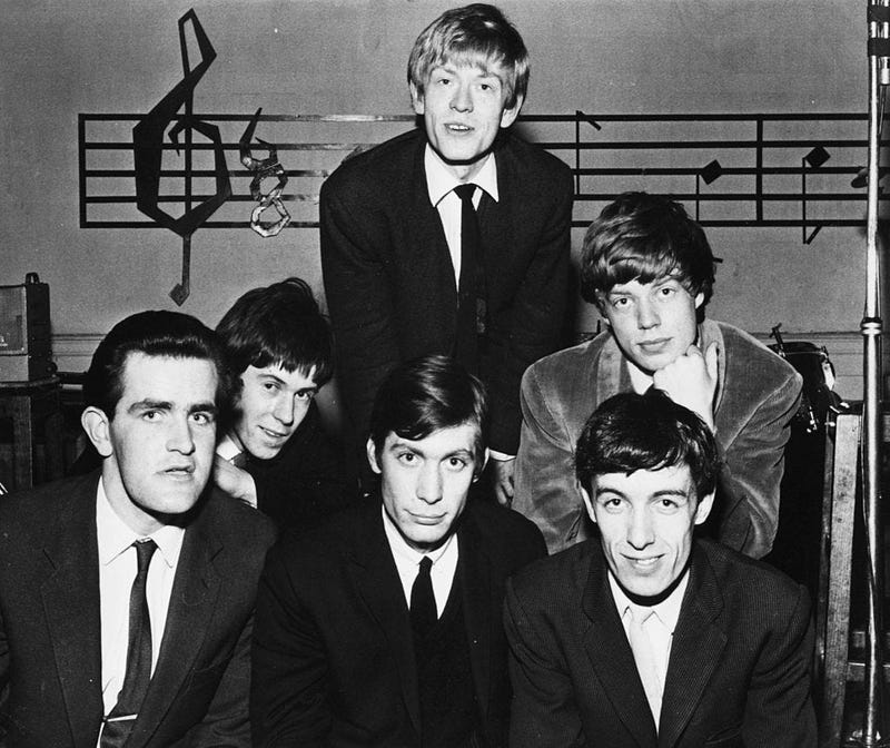 The Rolling Stones'; (clockwise from top) Brian Jones, Mick Jagger, Bill Wyman, Charlie Watts, Keith Richards and Ian Stewart, circa 1963.