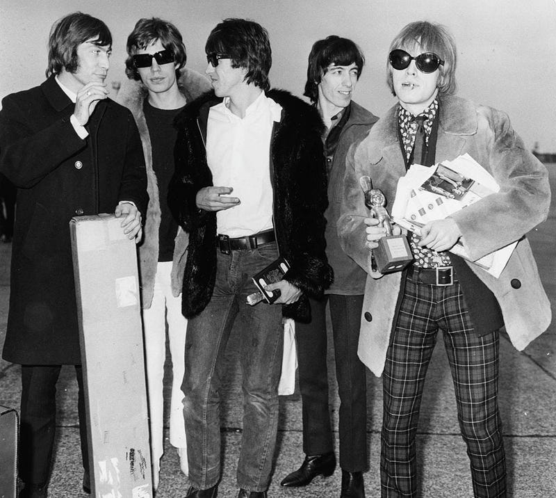 'The Rolling Stones'; (L-R) Charlie Watts, Mick Jagger, Keith Richards, Bill Wyman and Brian Jones, pictured on their arrival at London Airport following a European tour, England, April 6th 1966.