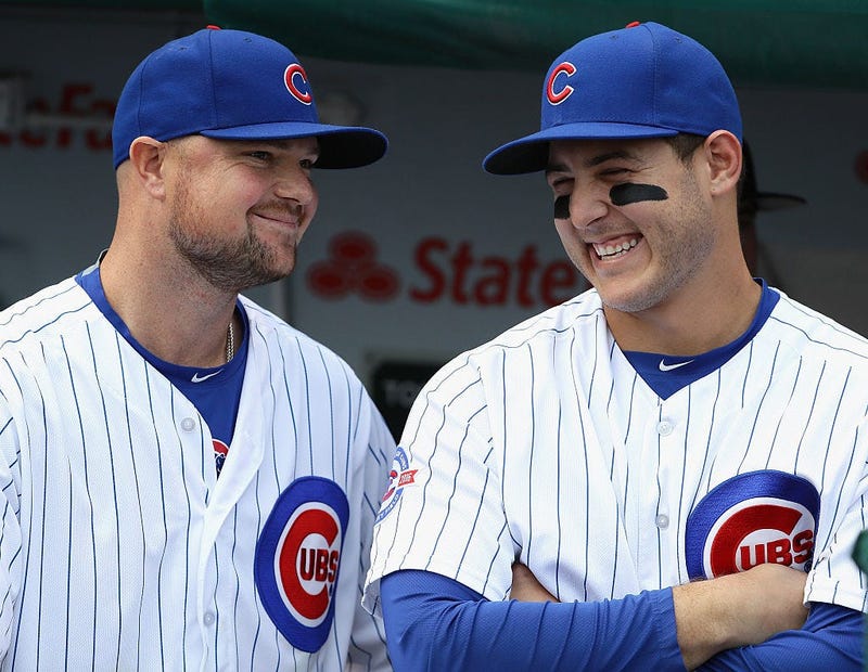 Jon Lester #34 (L) and Anthony Rizzo #44 of the Chicago Cubs