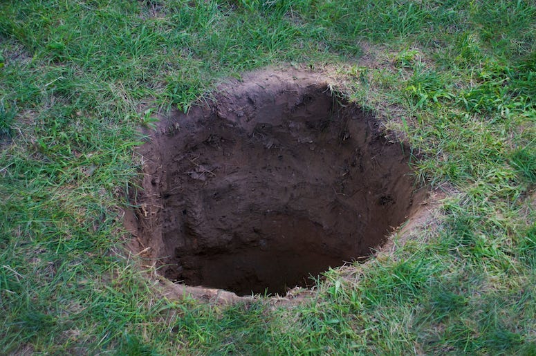 Deep Hole, Dirt, Mud, Lawn, Grass, Yard