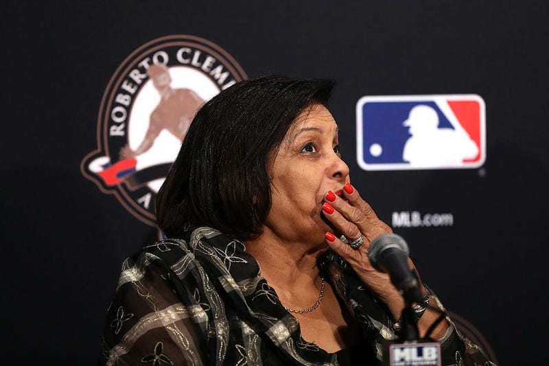 Vera Clemente, wife of Roberto Clemete, speaks to the media during the Roberto Clemete Award presentation before Game Three of the 2016 World Series between the Chicago Cubs and the Cleveland Indians at Wrigley Field on October 28, 2016 in Chicago, Illino