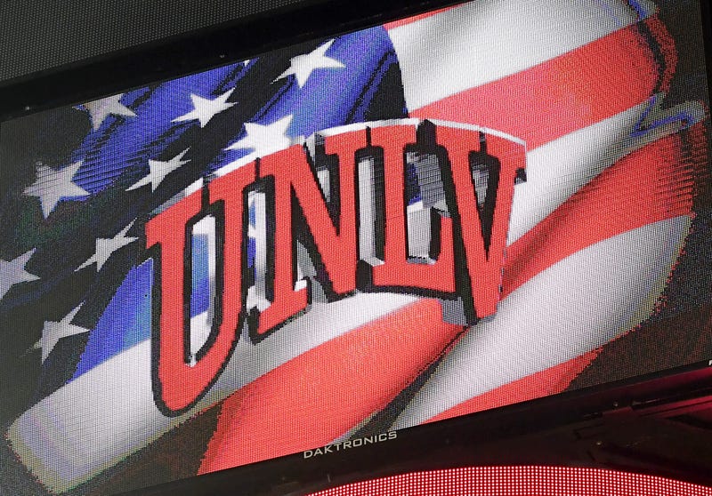 UNLV logo is displayed on a scoreboard during the team's game against the South Alabama Jaguars at the Thomas & Mack Center