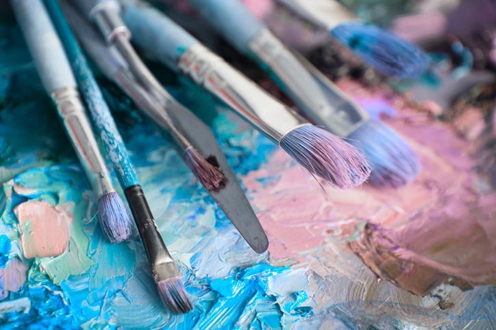 macro artist's palette, texture mixed oil paints