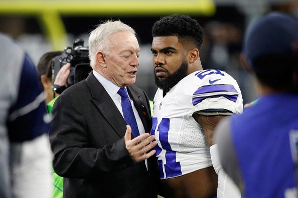Dallas Cowboys owner Jerry Jones talks with Ezekiel Elliott #21 of the Dallas Cowboys before the NFC Divisional Playoff Game against the Green Bay Packers at AT&T Stadium on January 15, 2017 in Arlington, Texas. 